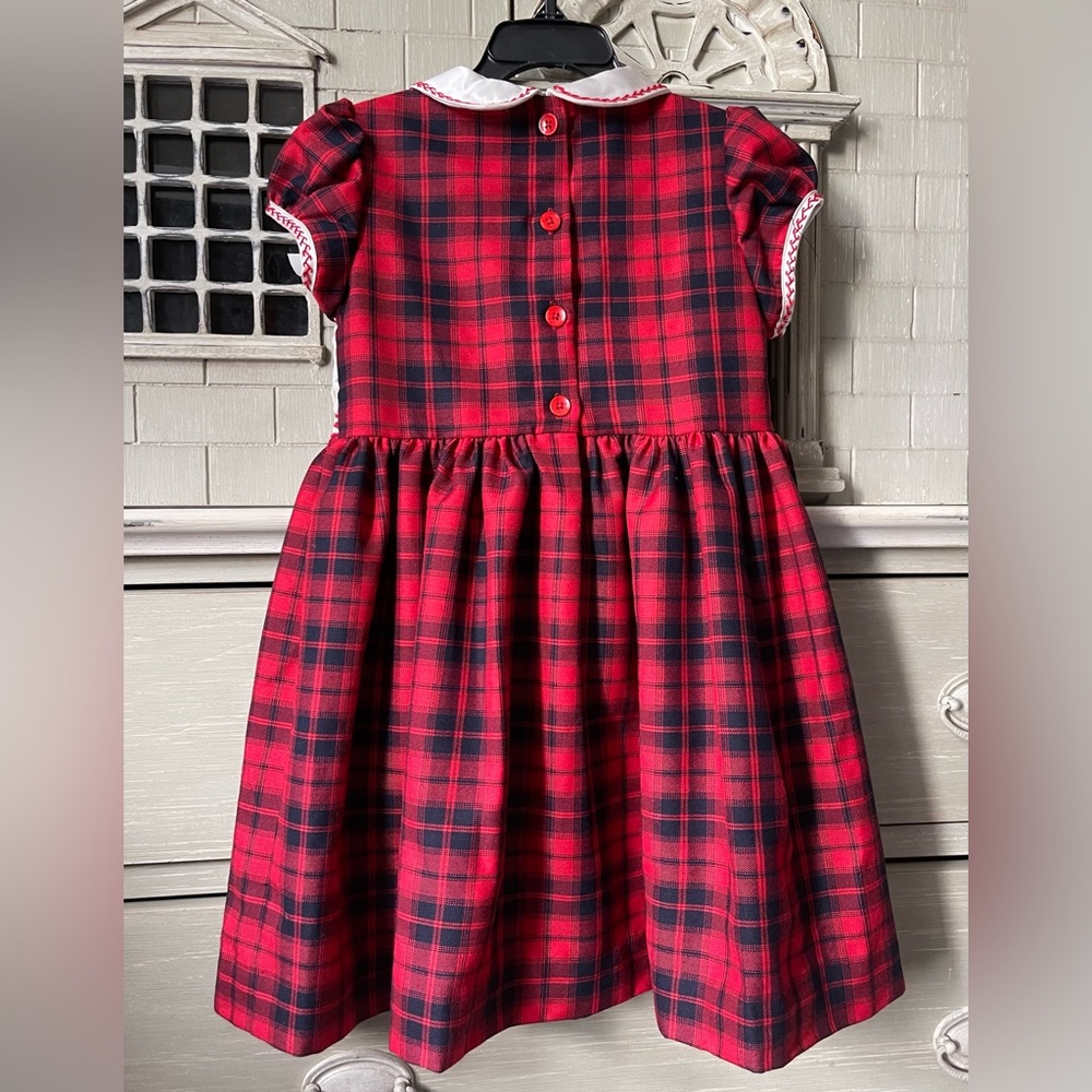 Rachel Riley Girls Gingerbread Tartan Puff Sleeve Smocked Holiday Dress, Red - Picture 12 of 15